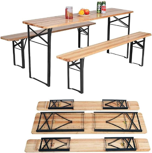 HAPPYGRILL 3PCS Outdoor Folding Picnic Table Bench Set, Portable Patio Dining Table Set with Wooden Top & Steel Frame