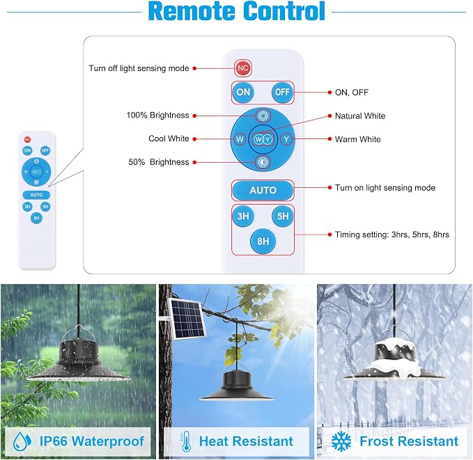 Solar Lights Outdoor, LED Solar Pendant Light 3000K|4000K|5000K| Dimmable Lighting with Remote Control, 16.4ft Cable IP66 Waterproof for Patio, Garage, Camp, Chicken Coop, Shed Barn