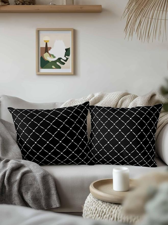 Waterproof Outdoor Pillow Set of 2 Black Grid Plaid Decorative Throw Pillows Cover & Insert 18x18 Inch Pillowcase Diagonally Crossed Lines Pillows for Couch Sofa Bed Patio Furniture Indoor Outdoor