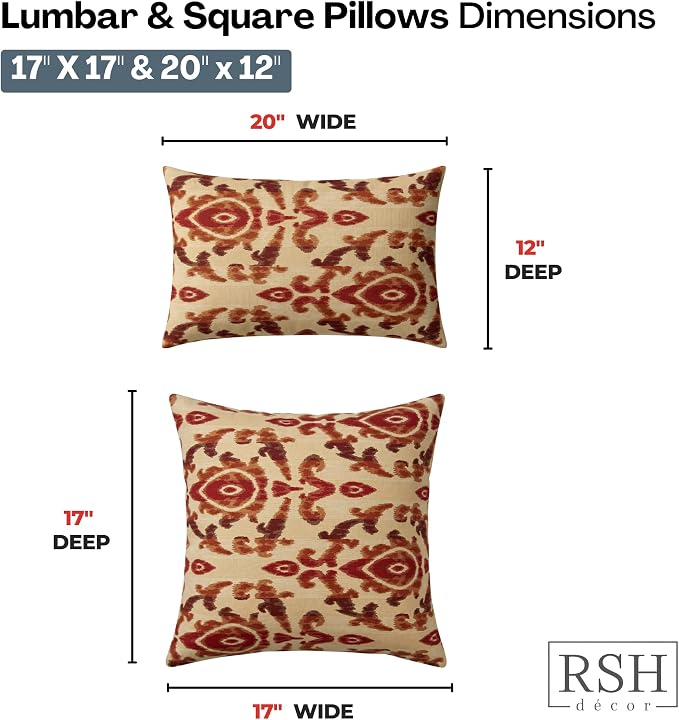RSH DECOR: Sunbrella Lumbar & Square Pillows Set of 4 | 20" x 12" & 17" x 17" | Water and Fade-Resistant Performance Fabric | Outdoor Throw Pillows for Patio Furniture | Made in USA (Bukhara Russet)