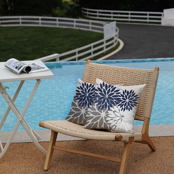 DFXSZ Pack of 2 Outdoor Waterproof Throw Pillow Covers 20x20 NavyBlue Grey | Polyester Colorful Spring Summer Floral Decorative Cushion Cases(NO INSERT),For Couch Patio Funiture Garden Home Decor