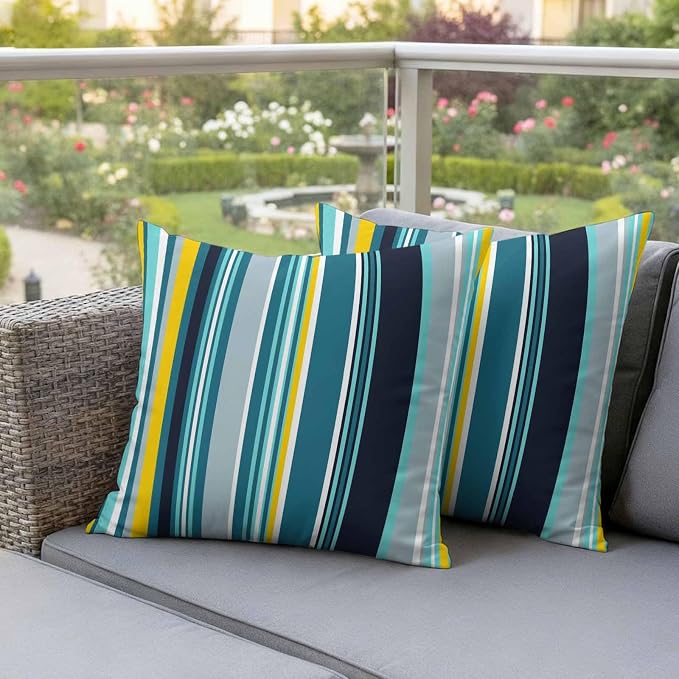 Teal Yellow Stripes Outdoor Pillow Covers Set of 2 Lines Art Waterproof Throw Pillow Cover Decorative Cushion Cases for Patio Porch Garden 26X26 Inch