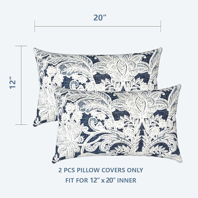 LVTXIII Outdoor Lumbar Pillow Covers Set of 2 Patio Decorative Pillow Cases, Water Repellent Lumbar Cushion Cases for Sofa, Patio Couch Garden Use, 12x20 Inch, Damask Lapis