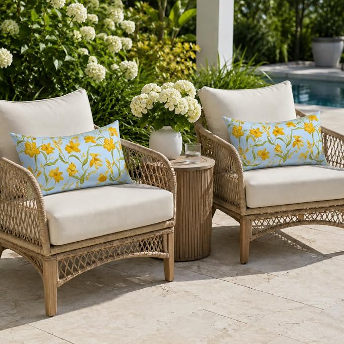 Pack of 2 Patio Lumbar Pillows 12"x20" | Fade Resistant Outdoor Waterproof Lumbar Pillow with Inners Decorative Garden Lumbar Cushions for Home Patio Terrace Sofa