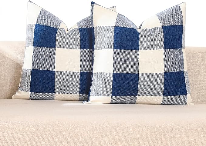 CARRIE HOME Navy Blue and White 20x20 Outdoor Throw Pillow Covers Set of 2 Buffalo Plaid Farmhouse Pillow Covers 20 x 20 Inches, Boho Plaid Decor for Outdoor Patio and Yard
