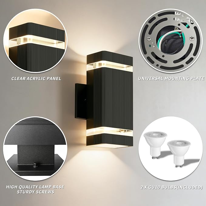 JYV 4 Pack Outdoor Wall Lights, Square Up and Down Porch Lights, Black | Waterproof Exterior Lighting Fixtures, 2x7W 3000K Bulbs, Outdoor Lights for House Porch Garage Patio