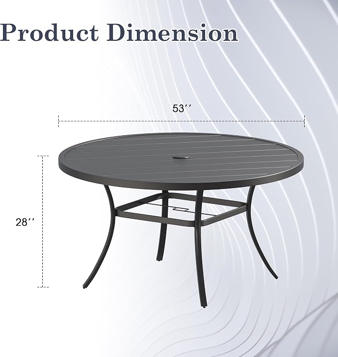 Outdoor Dining Table for 8, 53" Round Outdoor Table with Adjustable Umbrella Hole, All-Weather Metal Patio Dining Table for Lawn Garden Backyard Deck, Black