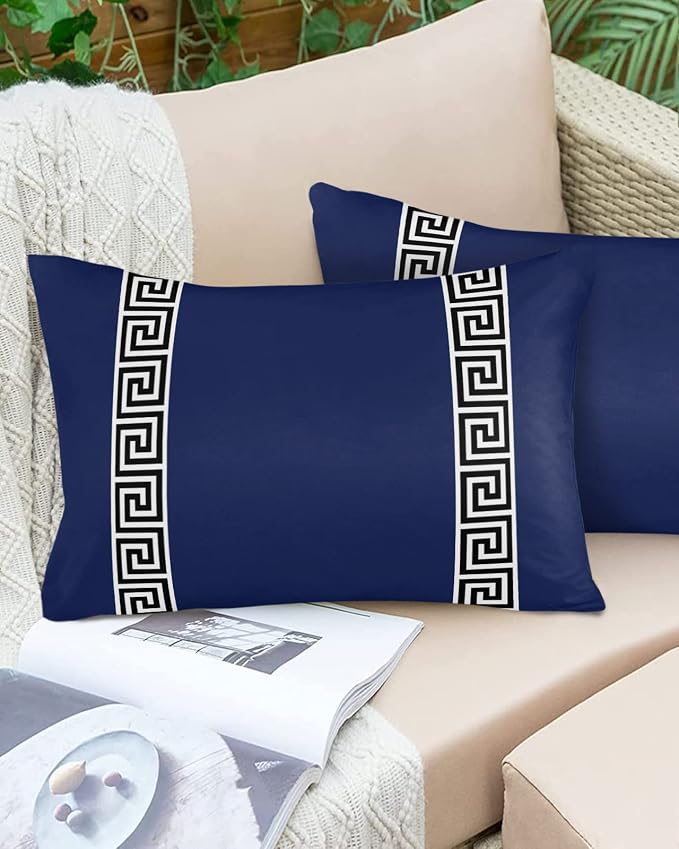Funy Decor Waterproof Outdoor Throw Pillow Cover Geometric Greek Key Design Lumbar Pillowcases Set of 2 Navy Blue Decorative Patio Furniture Pillows for Couch Garden 20x12 inch