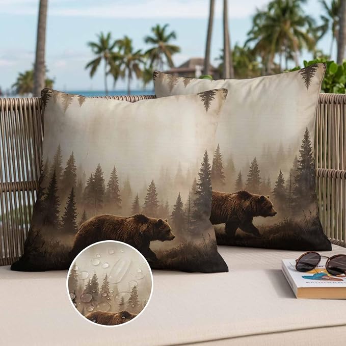 Yukro Nature Landscape Outdoor Waterproof Pillow Covers Pack of 2, Rustic Brown Bear Misty Forest Pine Tree Throw Pillowcases Decorative Cushion Covers for Garden Patio Tent Sofa Couch, 16x16 inch