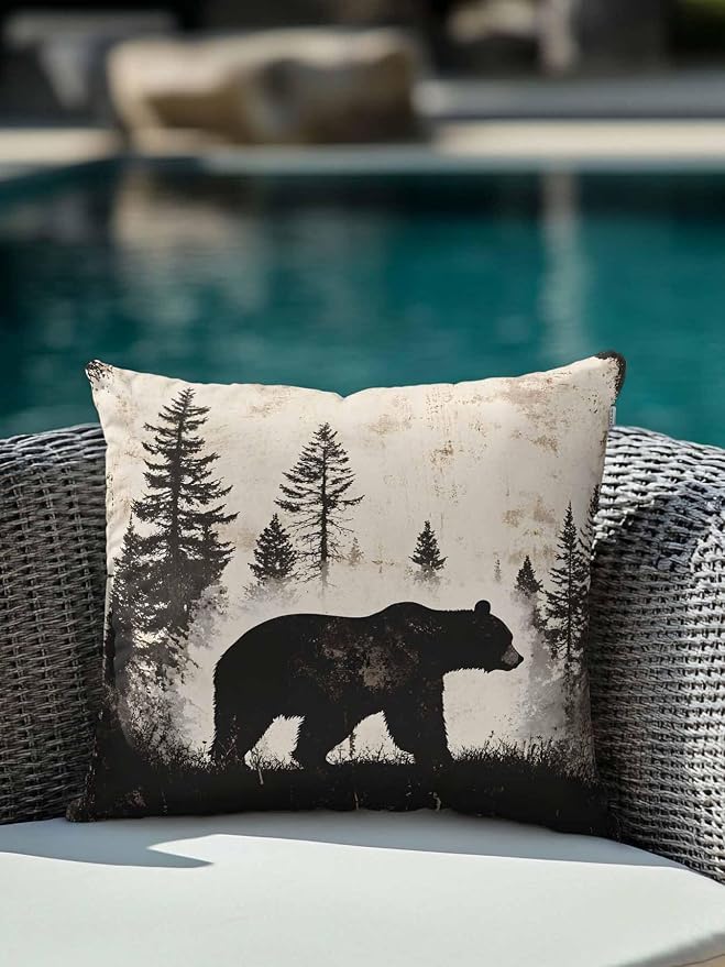 Outdoor Waterproof Throw Pillows Forest Brown Bear Silhouette Patio Pillows,Decorative Pillow Covers with Insert,Pillow Cushion Case for Garden Couch Sofa Minimalist Modern Art