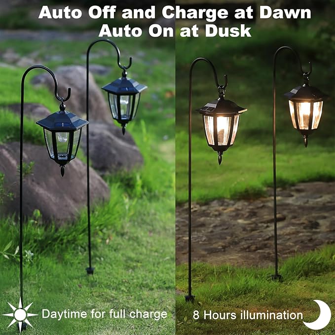 Dynaming 4 Pack Solar Hanging Lights Outdoor, Solar Powered Garden Decorative Lanterns with 4 x 38 Inch Shepherd Hooks, Waterproof Landscape Lighting for Lawn Patio Yard Pathway Driveway, Warm White