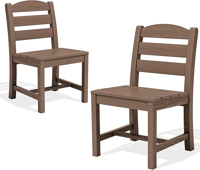 SERWALL Outdoor Armless Dining Chairs Set of 2, All-Weather HDPE Patio Chair with 19.7" Widened Seat, for Backyard, Garden, Brown