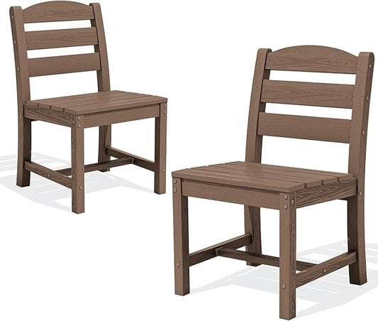 SERWALL Outdoor Armless Dining Chairs Set of 2, All-Weather HDPE Patio Chair with 19.7" Widened Seat, for Backyard, Garden, Brown