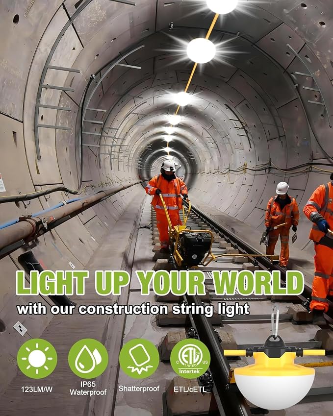 YXL 100FT 3Prong Construction String Lights 16000LM 130W Industrial LED String Lights, IP65 Waterproof 18AWG Wire 5000K Super Bright for Construction Sites Temporary Work Jobsites Outdoor Lighting