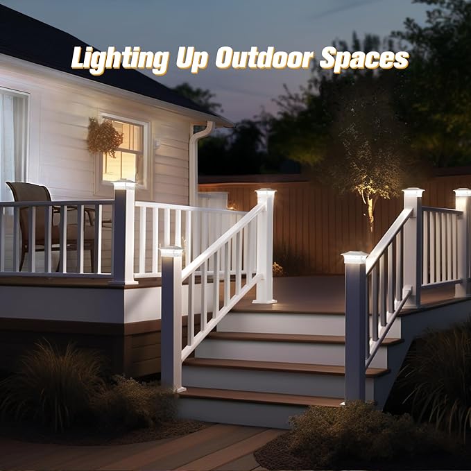 JOFIOS Solar Fence Post Lights, Cap Lights for 4x4/5x5 Vinyl Fence and 4x4/6x6 Wooden Post, Warm White/Cool White Lighting, White Solar Cap Outdoor Waterproof Decorate Garden Pathway Deck Patio