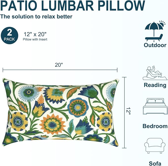 DYTXIII Pack of 2 Waterproof Outdoor Lumbar Pillow with Inserts, 12x20 in Rectangle Decorative Patio Throw Pillow for Home, Sofa,Bench and Patio Furniture, Fiesta Floral