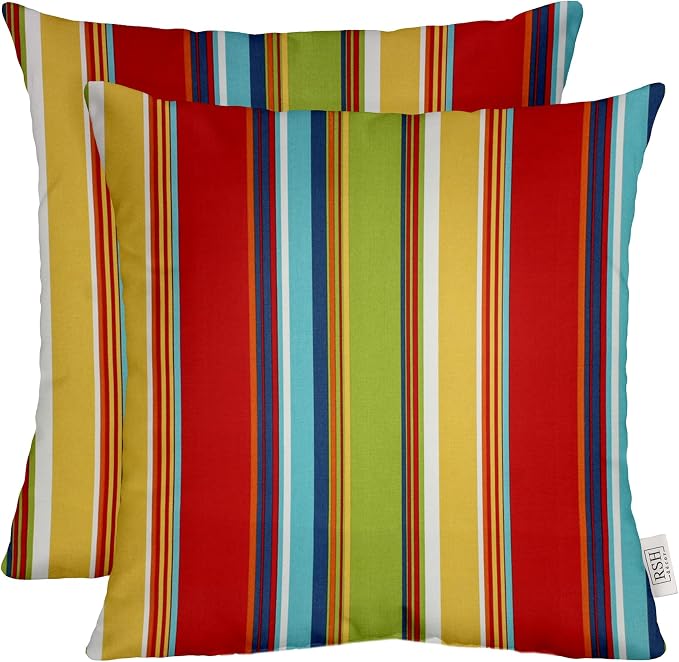 RSH DECOR Set of 6 Outdoor Pillow, Outdoor Pillows for Patio, Pillows w/Polyester Pillow Cases | Water Resistant Fabric | 17" Square, 20x12 Lumbar, 20x6 Neck Roll - Bright Colorful Garden Red Stripe