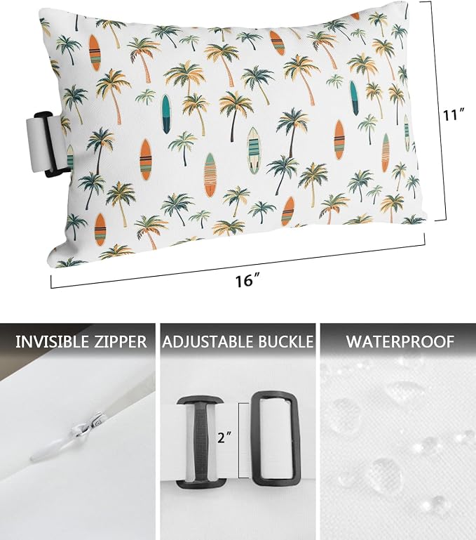 Outdoor Pillows Covers with Inserts Summer Tropical Green Palm Trees with Kayaks Waterproof Recliner Pillow with Adjustable Strap Throw Pillows for Patio Furniture Pool Lounge Chair, 11x16 inch, 2PCS