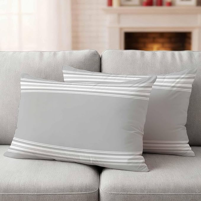Outdoor Pillow Covers 12x20 Set of 2 Grey Stripes Outdoor Pillows Waterproof Throw Pillow Covers French Stripe Farmhouse Style Pillowcases Decorative Case for Patio Cushion