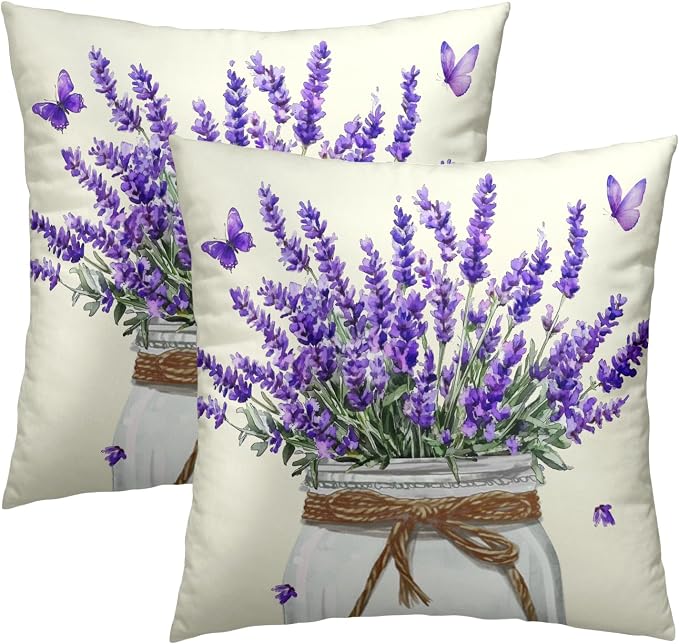 Lavender Flowers Throw Pillow Covers 16x16 Inch Set of 2,Purple Floral Mason Jar Decorative Pillow Cases Farmhouse Soft Cotton Cushion Cover for Couch Sofa Bed Home Decor