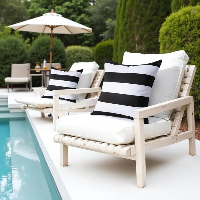 18x18 Waterproof Outdoor Pillows, Set of 2 Outdoor Throw Pillows | Patio Furniture Pillows, Fluffy Decorative Pillows, Waterproof &Fade Resistant, Removable & Washable, Black and White