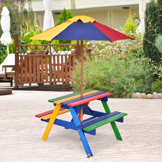 HONEY JOY Kids Picnic Table, Fir Wood Toddler Outdoor Table and Bench Set with Foldable & Removable Umbrella, Kids Picnic Tables for Outdoors, Backyard Furniture for Kids(Colorful)