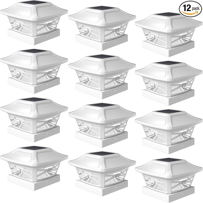 Davinci Renaissance Solar Outdoor Post Cap Lights, 4x4 5x5 6x6, Bright 12PK | Pearl White, fence/deck/garden/patio posts, UV fade-protected plastic, auto-on, 7-8h runtime, cordless, IP44, 25lm warm white