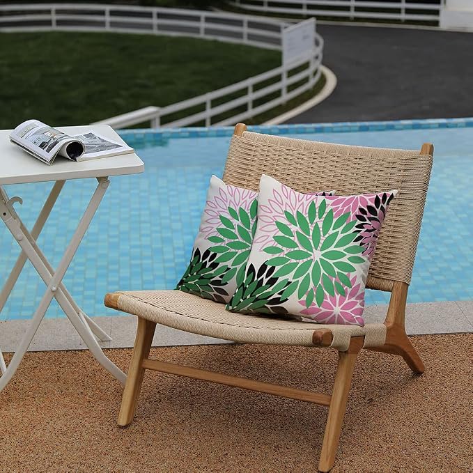 DFXSZ Outdoor Waterproof Pillow Covers 16x16 Set of 2 Green Pink Flower | Spring Summer Waterproof Flower Throw Pillowcases（No Inserts）Decor for Valentines Patio Funiture Garden Polyester Covers