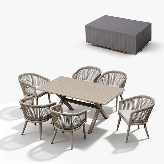 PURPLE LEAF Outdoor Dining Set with Waterproof Furniture Cover 7-Piece All-Weather Patio Set for 6 with Champagne Aluminum Table Rope Weave Chairs and Cushions, Champagne