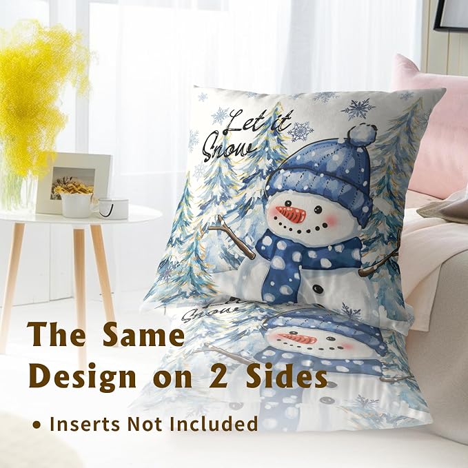 Winter Throw Pillow Covers Set of 2, 16x16 Inch – Snow Snowman Pine Trees Holiday Cotton Hidden Zipper Pillowcases for Couch Sofa Bed Porch Farmhouse Seasonal Home Decor