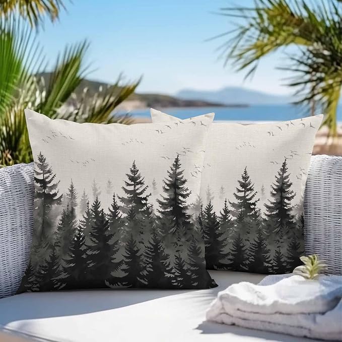 Vandarllin Outdoor Throw Pillows Covers 26x26 inch Set of 2 Waterproof Black Forest Decorative Zippered Cushion Covers for Patio Furniture, Tree Bird Nature Landscape Linen Lumbar Pillowcases
