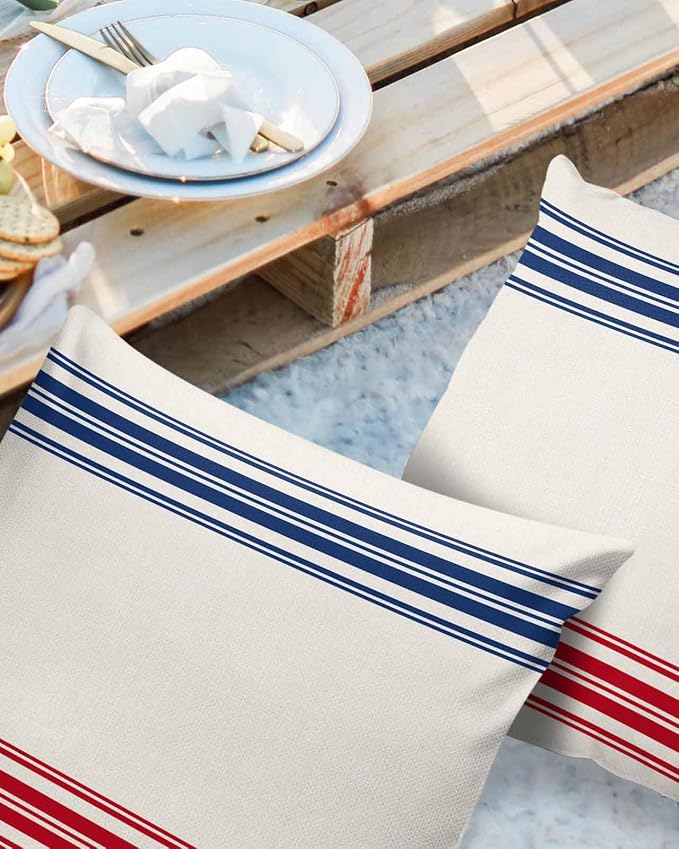 Outdoor Waterproof Pillow Covers Set of 2, Independence Day Flag Day Blue Red Stripe Vintage Patio Throw Pillow Covers, Decorative Cushion Case for Couch Sofa Furniture Garden, 20x20 Inch