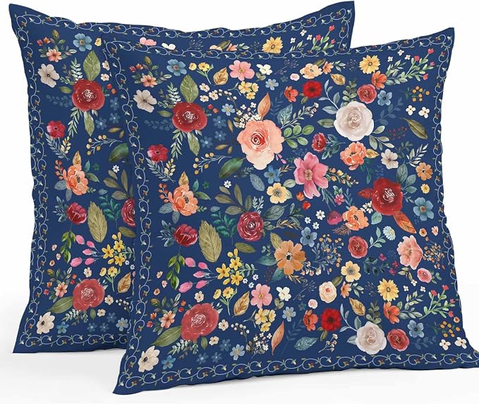 Vandarllin Outdoor Throw Pillows Covers 26x26 inch Set of 2 Waterproof Navy Blue Floral Decorative Zippered Cushion Covers for Patio Furniture, Farmhouse Vintage Flower Lumbar Pillowcases