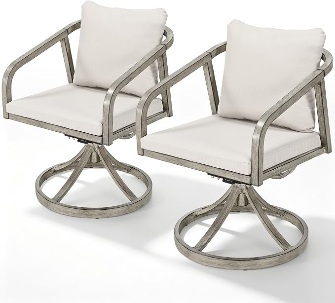 2-Piece Outdoor Swivel Chairs, Patio Dining Chairs with Removable Cushions, Never-Rust Aluminum Outdoor Dining Chairs with Wraparound Seating Design for Garden, Deck, Backyard, Gray Oak