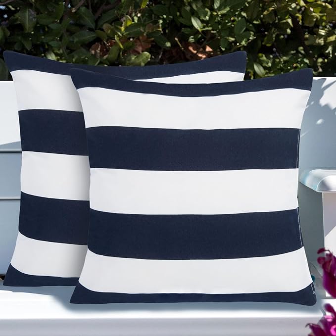Throw Pillow Covers Set of 2, Outdoor Indoor Waterproof Decorative Patio Throw Pillowcase Shell 18x18 Inch, Square Cushion Case for Couch Sofa Garden Farmhouse Decoration-Navy White Stripe