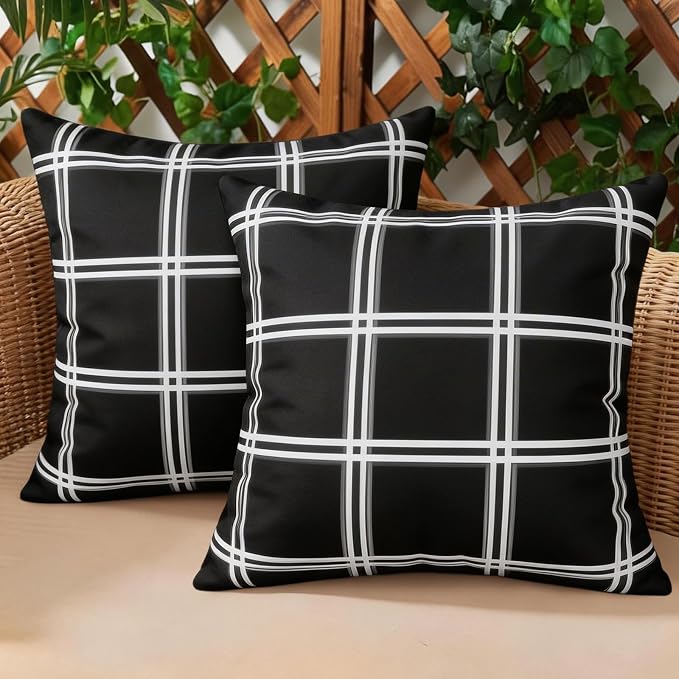 Set of 2 Outdoor Waterproof Pillow Covers 18x18 Black Plaid | Classic Black and White Plaid Pattern Brings Farmhouse Charm to Indoor and Outdoor Decor