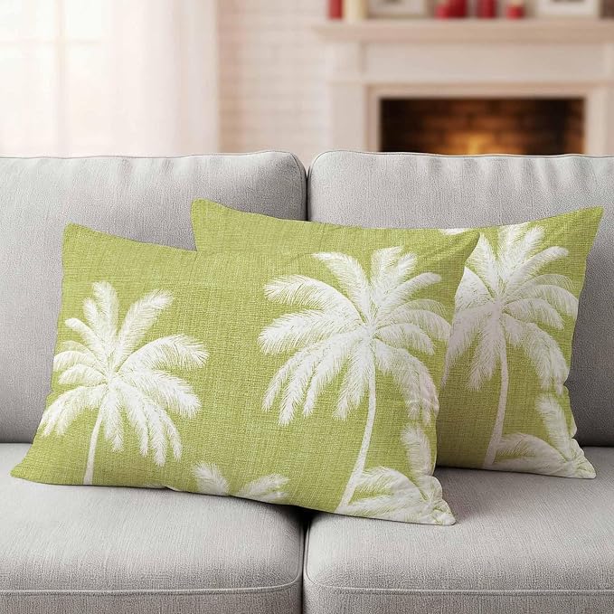 Lumbar Pillow Covers 20x12 Inch Set of 2, Yellow Palm Trees Waterproof Outdoor Pillow Covers, Farmhouse Tropical Summer Beach Decorative Cushion Pillowcases for Couch, Sofa, Bed, Garden, Patio