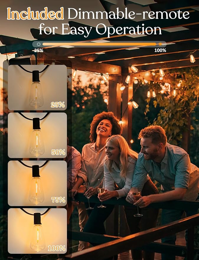 200ft Solar Outdoor String Lights with Remote - USB Rechargeable Solar Powered Outdoor Patio Lights - Larger 3.5W Solar Panel, Timer, Dimmable Shatterproof ST38 Bulbs for Backyard, Garden, Pool