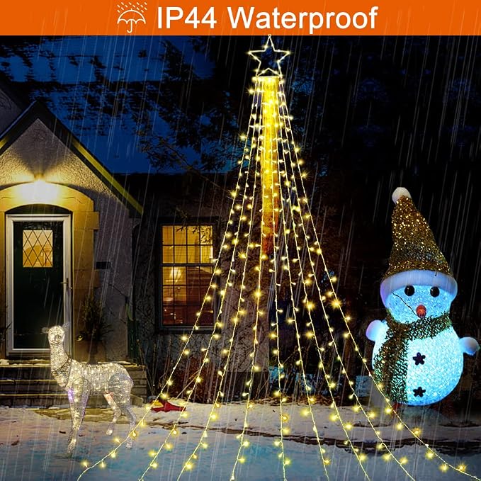(New Christmas Decoration Lights, 320 LED Waterfall Christmas Tree Lights with 12" Star Topper, 8 Modes Indoor Outdoor String Lights for Yard, Party, Home, Holiday (Warm White)