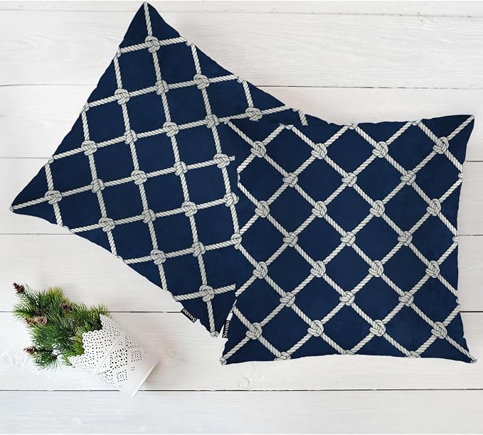 Swono Nautical Rope Throw Pillow Cases Pack of 2, Marine Fishing Net Knots Square Cushion Covers Decor Pillow Covers for Couch Sofa Home Decoration 18 X 18 Inches Pillowcases