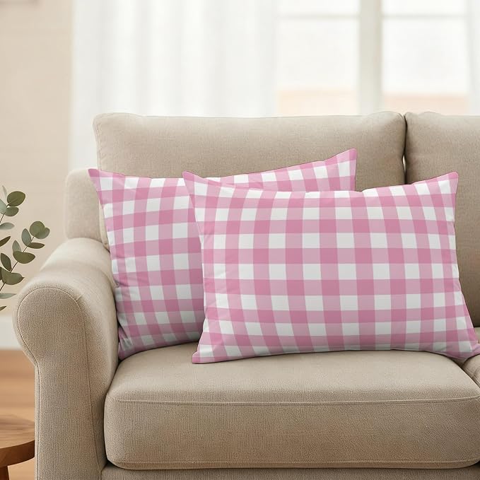 Rose Pink Checks Outdoor Pillow Covers 20"x12" Set of 2, Gingham Plaid Abstract Modern Minimalist Waterproof Throw Pillow Covers for Patio Furniture, Decorative Cushion Covers for Porch