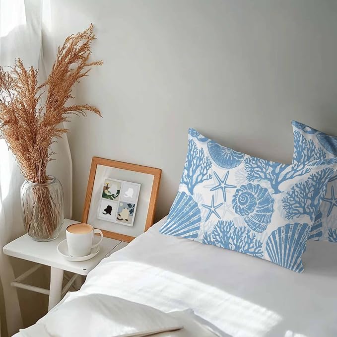 Lumbar Pillow Covers 20x12 Inch Set of 2, Blue Coastal Waterproof Outdoor Pillow Covers, Beach Starfish Nautical Coral Shell Summer Decorative Cushion Pillowcases for Couch, Sofa, Bed, Garden, Patio