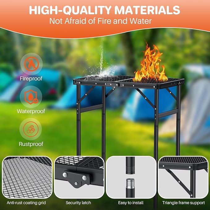 FUNYKICH Folding Grill Table for Outside(23''x16''), Max Height 29.4'' Portable Camping Tables(3 Adjustable Height), Lightweight Aluminum BBQ Table with Portable Handle for Camping, Picnic, BBQ, Black