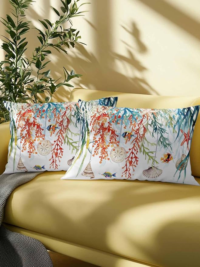 Outdoor Waterproof Throw Pillows Summer Colorful Coral Shell Conch Patio Pillows,Decorative Pillow Covers with Insert,Pillow Cushion Case for Garden Couch Sofa Sea Starfish Fish Marine Life