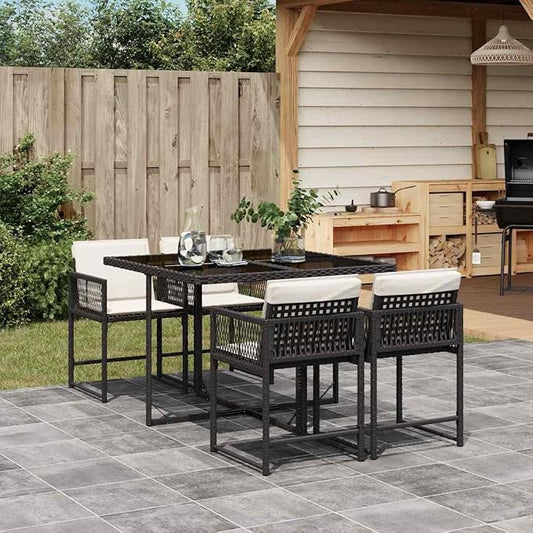5 Piece Patio Dining Set with Cushions Black Poly Rattan Outdoor Furniture Table and 4 Chairs for Garden Backyard Deck Space Saving Foldable Tempered Glass Top UV Proof