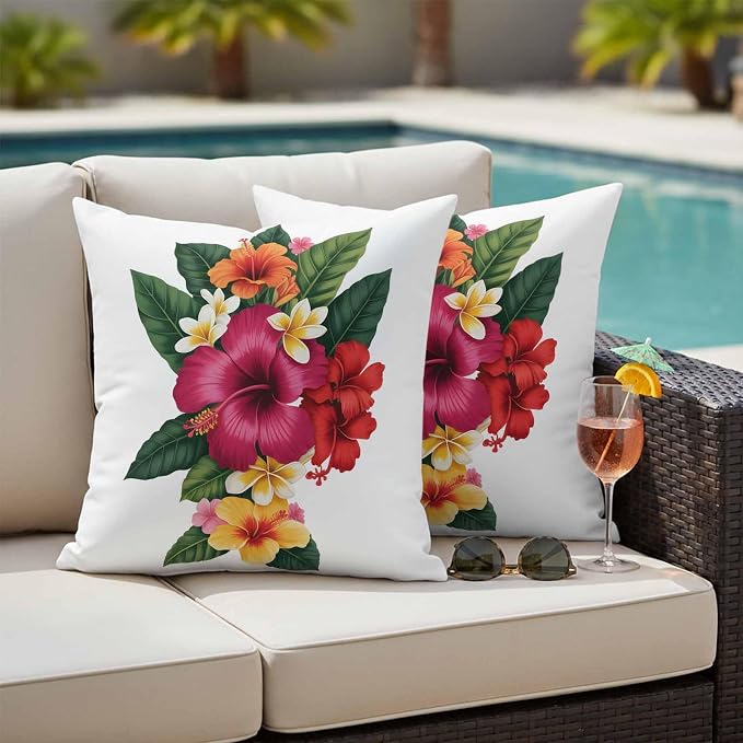 Pink Red Yellow Hibiscus Outdoor Pillow Covers 16x16 Inch Throw Pillow Covers Set of 2 Waterproof Decorative Pillow Cases Farmhouse Tropical Floral Cushion Covers for Patio Furniture Garden Couch Sofa
