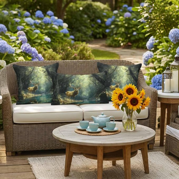 Green Forest Deer Waterproof Outdoor Pillow Covers Set of 2 Home Decor, Fantasy Vintage Nature Scenery Pillowcase Patio Pillow Covers for Couch Bench Furniture Garden 18x18in