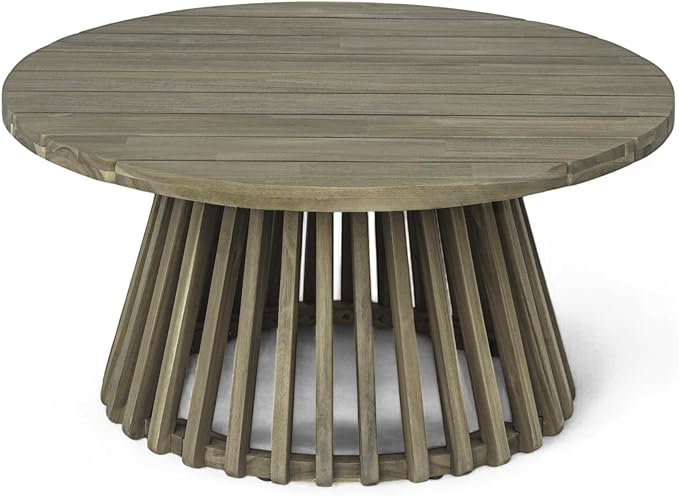 Christopher Knight Home Hakee Acacia Wood Patio Coffee Table, Round Table with Unique Wooden Base for Backyard, Balcony, Stylish Indoor/Outdoor Table, Easy Assembly, 31.5"x 31.5"x 16", Grey