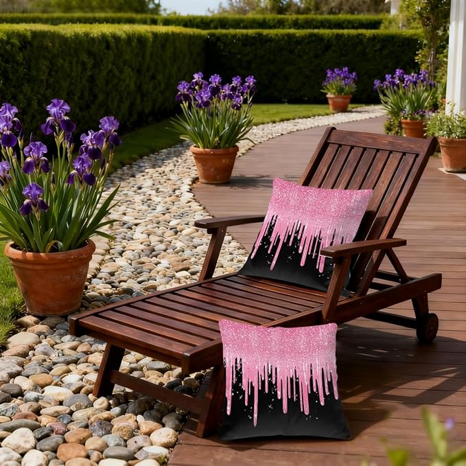 16x16 Inch Outdoor Pillow Covers Set of 2 Waterproof Throw Pillow Covers Decorative Couch Cushion Covers Pink Glitter Flow Square Pillowcases Protectors for Patio Garden Sofa