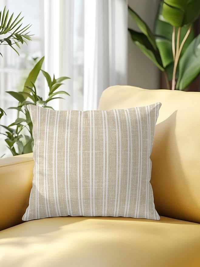 Waterproof Outdoor Pillow 1 Pack Beige Linen Striped Decorative Throw Pillows Cover & Insert 16x16 Inch Pillowcase Vertical Stripes Lines Pillows for Couch Sofa Bed Patio Furniture Indoor Outdoor